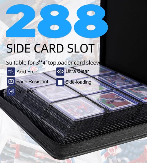AUSIIBTO Top Loaders Binder, Holds 288 Top Loaders, Side-Loading Pages Design Compatible for 3" x 4" Toploaders 35pt Card Sleeves, Collectible Football, Baseball Trading Card Albums