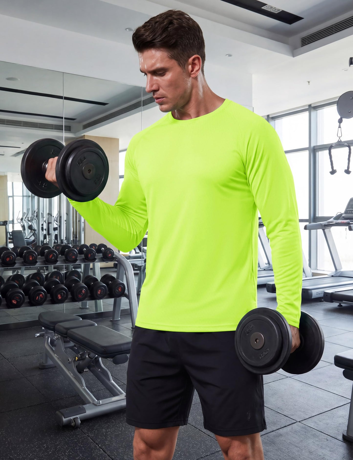 KEFITEVD Rash Guard for Men Long Sleeve Crew Neck T-Shirts UV Protection Active Shirts Lightweight Workout Shirts Hiking Shirt Quick Dry Fluorescent Green