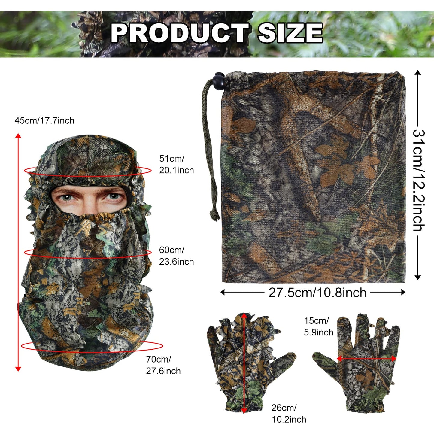 Zicac Ghillie Suit Full Face Mask Gloves Set, 3D Leafy Camo Suit, Ghillie Suit for Men, Camoflage Woodland Pants Jacket Hood for Outdoor Hunting,Airsoft Sniper Costume,Wildlife Photography,Halloween