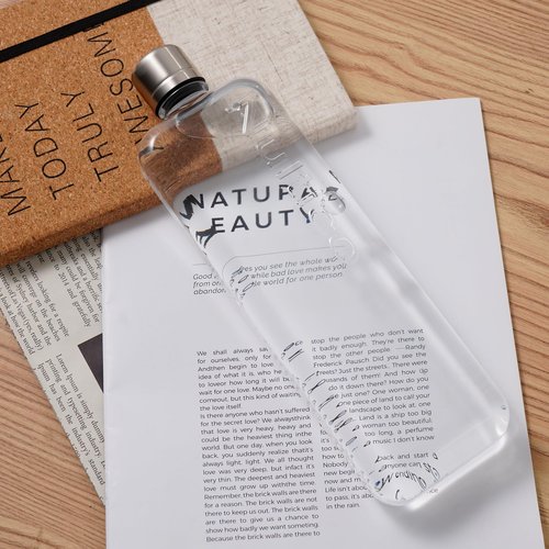 Nultico Portable Flat Water Bottle, 15 oz BPA Free Slim Drinking Bottle, Plastic Travel Flask for Outdoor Sports, Camping, Fitness, Gym, Fits Purse Bag Pocket - transparent