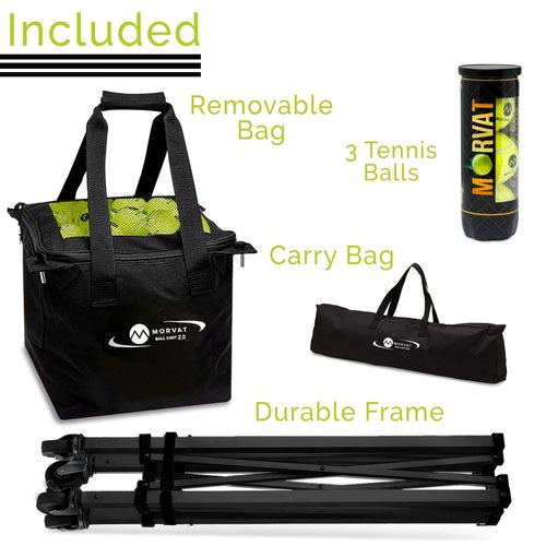 MORVAT Professional Tennis & Pickle Ball Hopper Holds 165 Balls Heavy-Duty Pro Sports Practice Cart, Foldable Portable Compact & Lightweight Zippered Pocket & Racket Holder, Carry Bag + 3 Tennis Balls