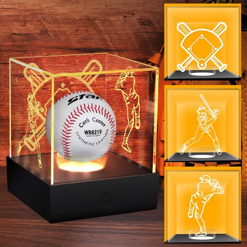 Baseball Display Case with LED Light Baseball Holder Display Case with Engravings, Light Up Baseball Case for Display, UV Protected Clear Acrylic Stand Box for Memorabilia, Softball Golf Baseball Case