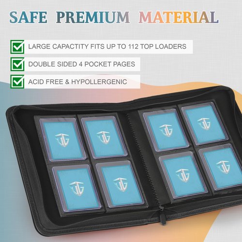 TCGUARD Toploader Binder,Holds 112 Toploaders, 4 Pocket Top Loader Binders for 3" x 4" Rigid Card Holders for Trading Cards or Sports Cards Binders (Black)
