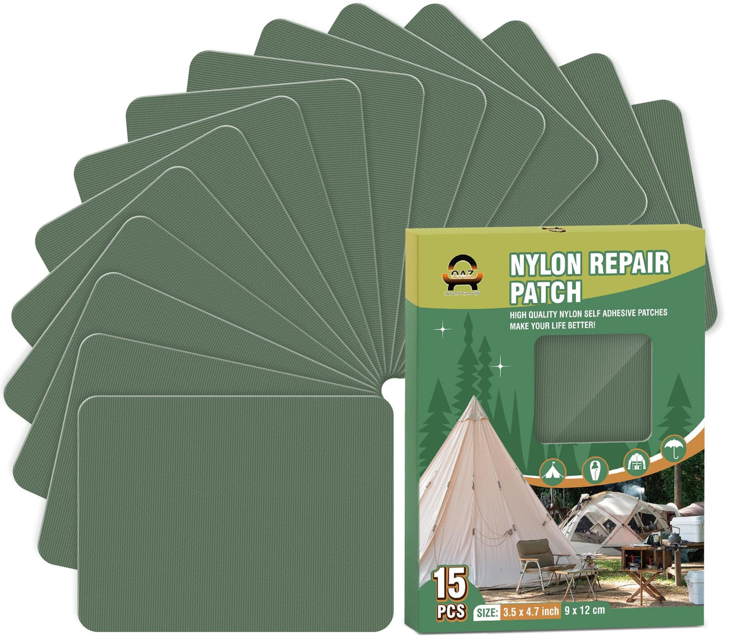 OAZ 15 Pieces 3.5 x 4.7 inch Nylon Repair Patches Nylon Fabric Patch Self-Adhesive Tent Repair Tape Waterproof Lightweight Repair Patches Repair Patch Kit for Clothing Down Jacket Bag (Green)