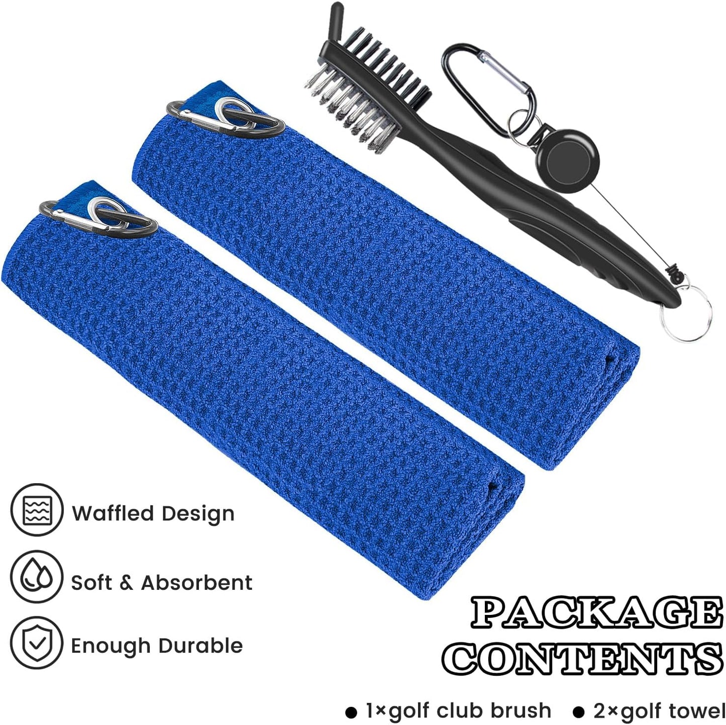 2 Pack Golf Towel (16" X 16") with Golf Club Brush, Microfiber Waffle Pattern Golf Towels for Golf Bags for Men,Essential Golf Combo Cleaning Kit (Black)