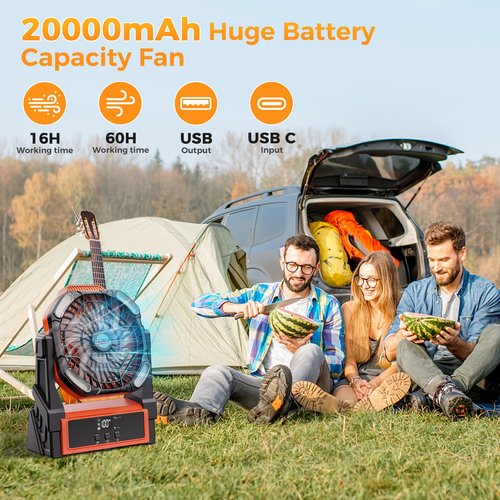 CosyHack Portable Camping Fan, 20000mAh Rechargeable Battery Operated Fans with Lights, Outdoor Beach Tent Fan, 4 Speed, Adjustable Brightness for Picnic, Barbecue, Fishing, Office, Home