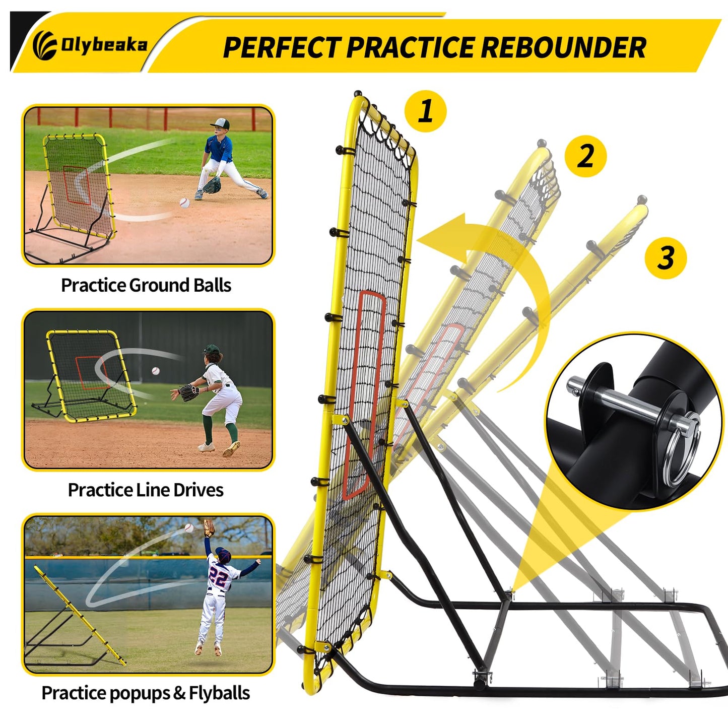 48" x 52" Baseball & Softball Rebounder Net with 3 Adjustable Angles - Pitch Back Rebound - Bounce Back Return Net - Fielding Trainer with Carry Bag - Super Stable & Easy Set Up (Yellow, Small)