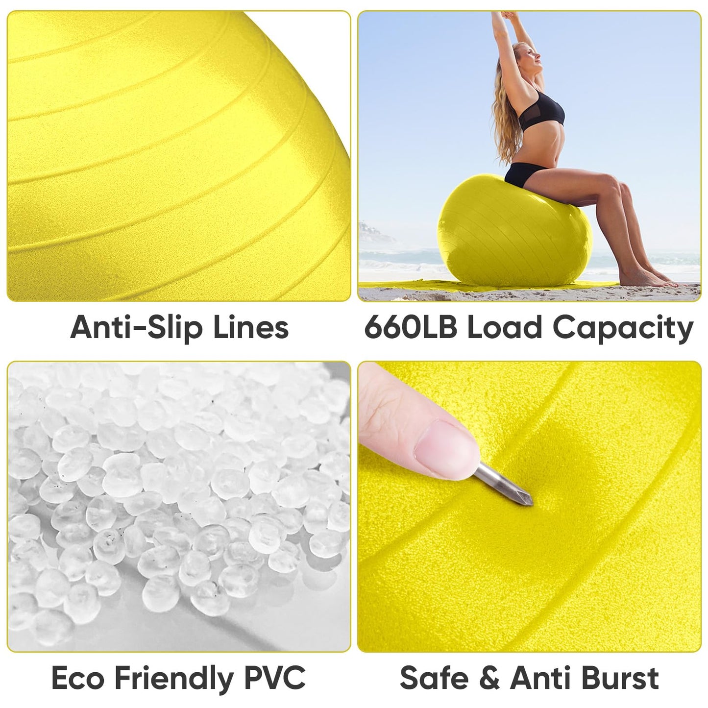 APEXUP Yoga Ball, 660 lbs Anti-Burst Exercise Ball with Pump, 5 Sizes (XL (27"~30") 75cm, Yellow)