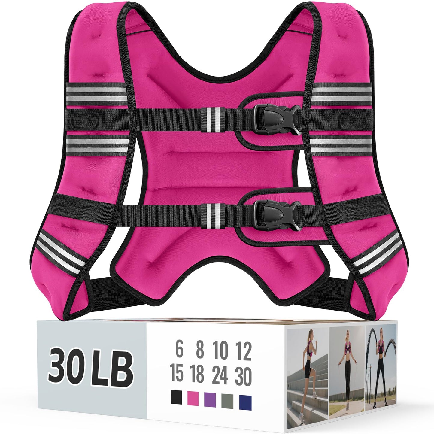 Zeerun Weighted Vest, 6lb/8lb/10lb/12lb/15lb/18lb/20lb/24lb/30lb for Men Women, Reflective Stripe Adjustable Buckle, Comfortable Durable Rucking Vest for Walking Running Strength Training, 30LBS-Pink