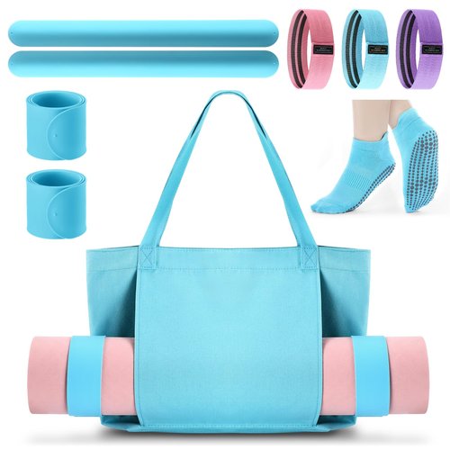 Halloscume Yoga Bag Set for Women Including Yoga Mat Tote Bag Booty Resistance Band Non Slip Sports Socks Silicone Mat Ties for Pilates Travel Workout Office (Green, Blue)