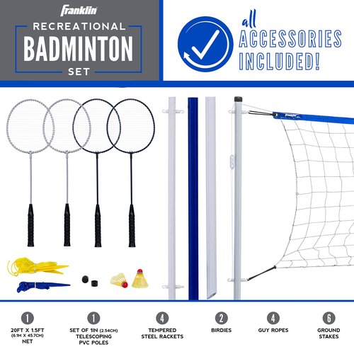 Franklin Sports Portable Badminton Set - Adult and Kids Badminton Net - Perfect Backyard/Lawn Game - Includes 4 Racquets - Recreational