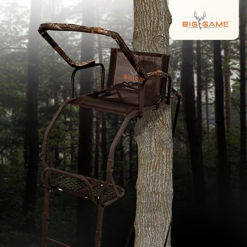 BIG GAME 1-Person Ladder Tree Stand for Hunting Deer, Flex-Tek Seat, 17' Tall, Black - Adjustable Climbing Treestand with Platform and Safety Harness for Shooting