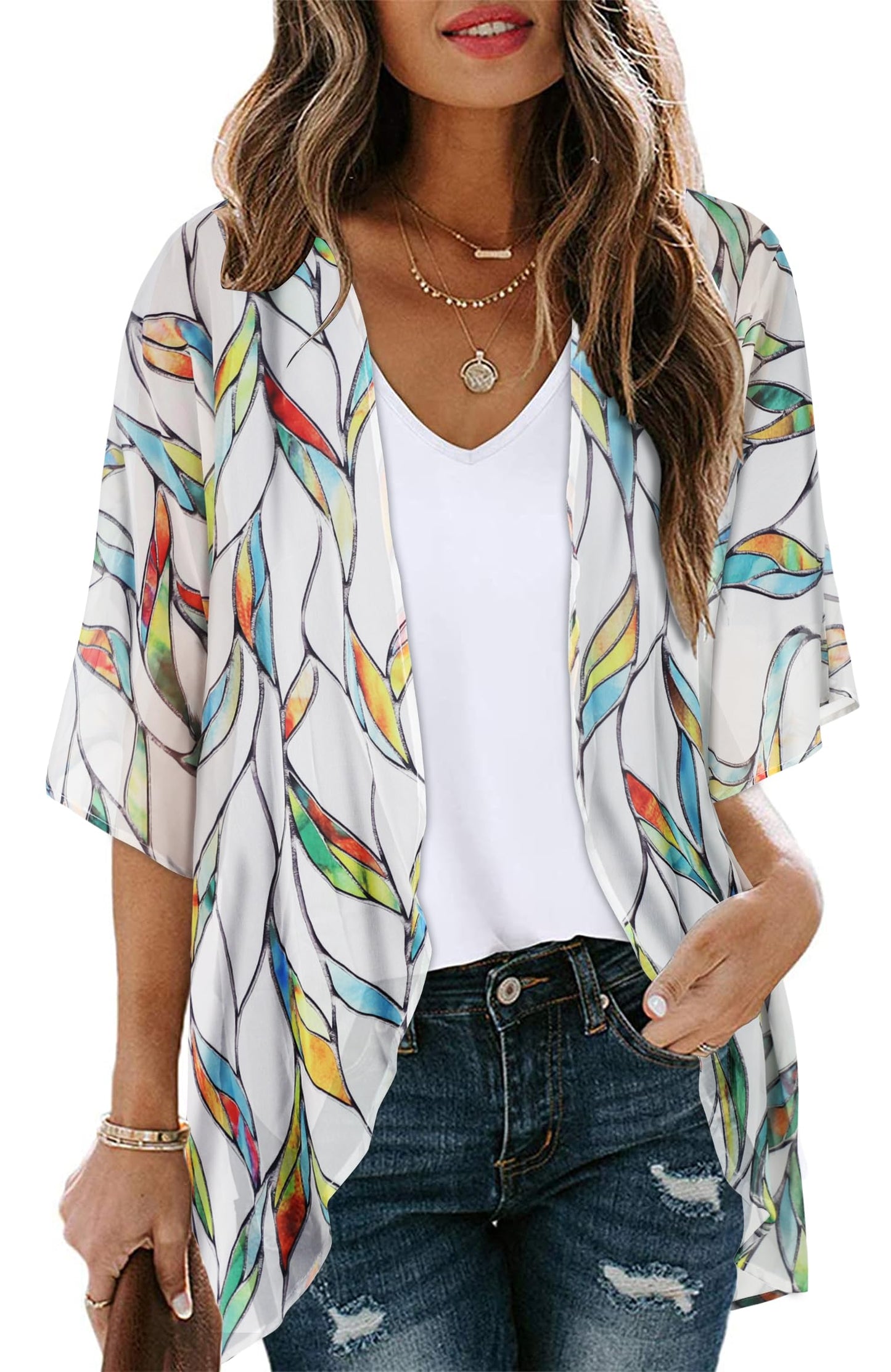 Womens Short Cardigans Casual Cover Up Open Front Kimono Tops Bathings Suit Shawl (White Colorful Leaves,XL)