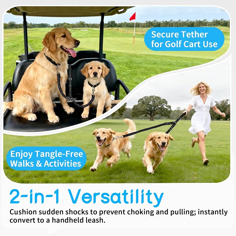 Golf Cart Dog Seat Leash & Safety Harness - Adjustable Tangle-Free Retractable Strap (Double Dog)