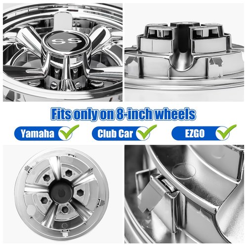 8 inch Golf Cart Hub Caps (Set of 4) - Rust-Proof SS Chrome Wheel Covers, Snap-On Design for Yamaha, EZ-GO, Club Car | Universal Fit & Weather-Resistant Accessories