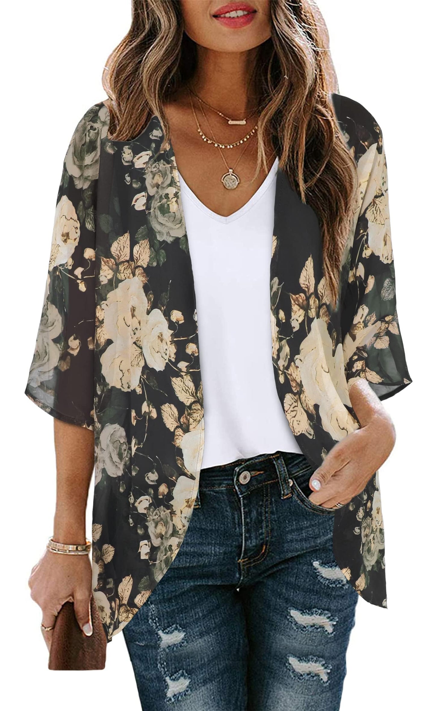 Womens Floral Tops Short Sleeve Casual Summer Loose Cover ups Shirts (Black Khaki Floral, 2XL)