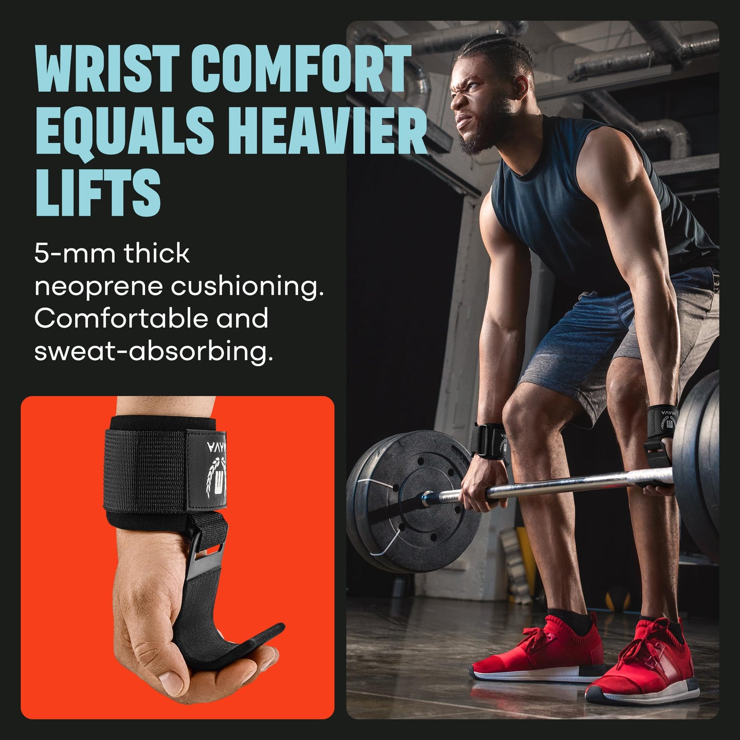 Mava Sports Heavy Duty Weightlifting Hand Grip Power Hooks with Wrist Straps for Pull-ups and Deadlifts Weight Lifting Hooks for Men and Women, Ideal for Power Weightlifting and Gym Workouts