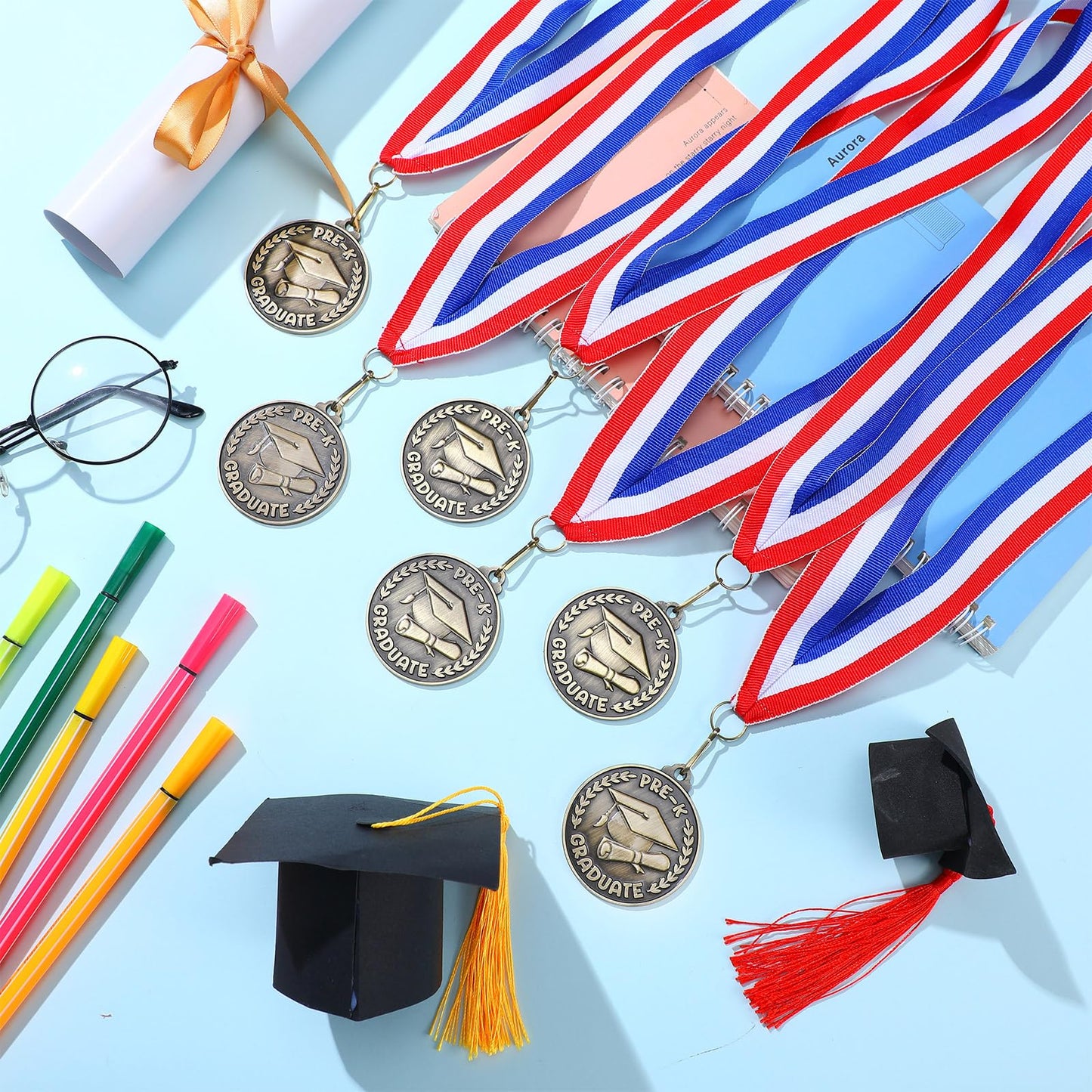 Remuuly 30/60 Pcs Kindergarten Graduation Award Medals for Kids 2'' Preschool Award Medallion with Neck Ribbon Congrats Graduation Gifts for School Student Party Favor(30 Pcs,Cap)