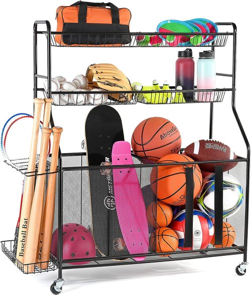 HOME IT Garage Sports Equipment Organizer - Garage Ball Storage Rack Organizer Holder with Baskets, Rolling Wheels & Breaks - Large Capacity Heavy Duty Steel Ball Storage Cart
