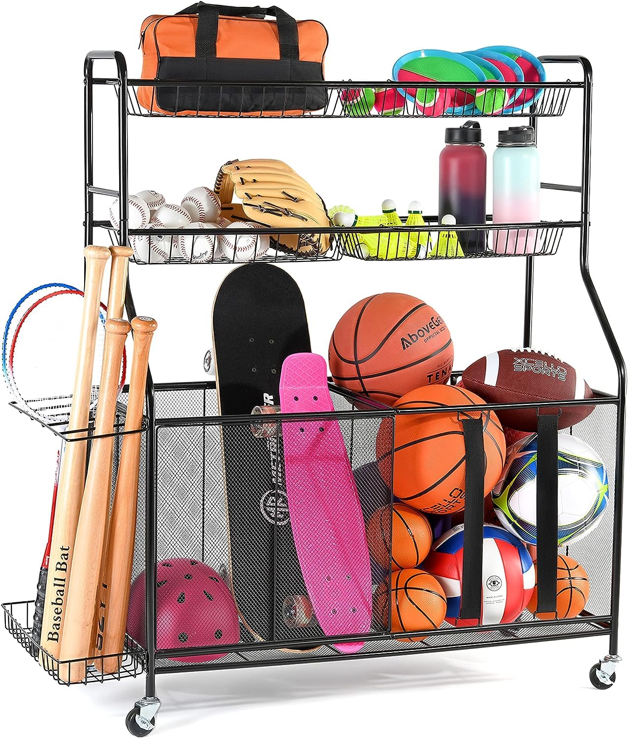 HOME IT Garage Sports Equipment Organizer - Garage Ball Storage Rack Organizer Holder with Baskets, Rolling Wheels & Breaks - Large Capacity Heavy Duty Steel Ball Storage Cart