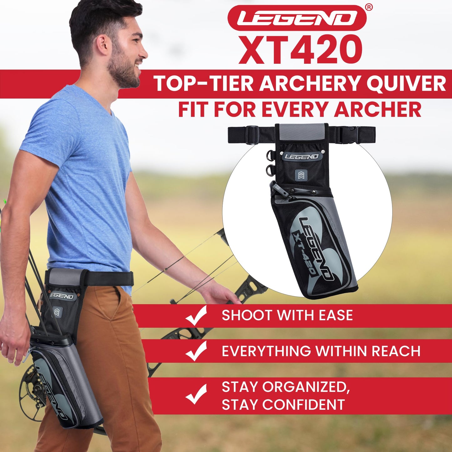 Legend XT420 Arrow Quiver - Quiver Arrow Holder, Archery Quiver with 3 Arrow Tube, Durable Nylon Hip Quivers with Multiple Pockets for Archery Accessories, Score Card & Tools - Right Handed, Grey