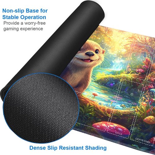 for TCG Playmat with Waterproof Storage Bag and 6 Dice, Non-Slip Rubber Base for MTG Playmat with Zones, 24 x 14 inches Trading Card Game Mat Board Game Desk Mat, Forest Cute Otter Pattern