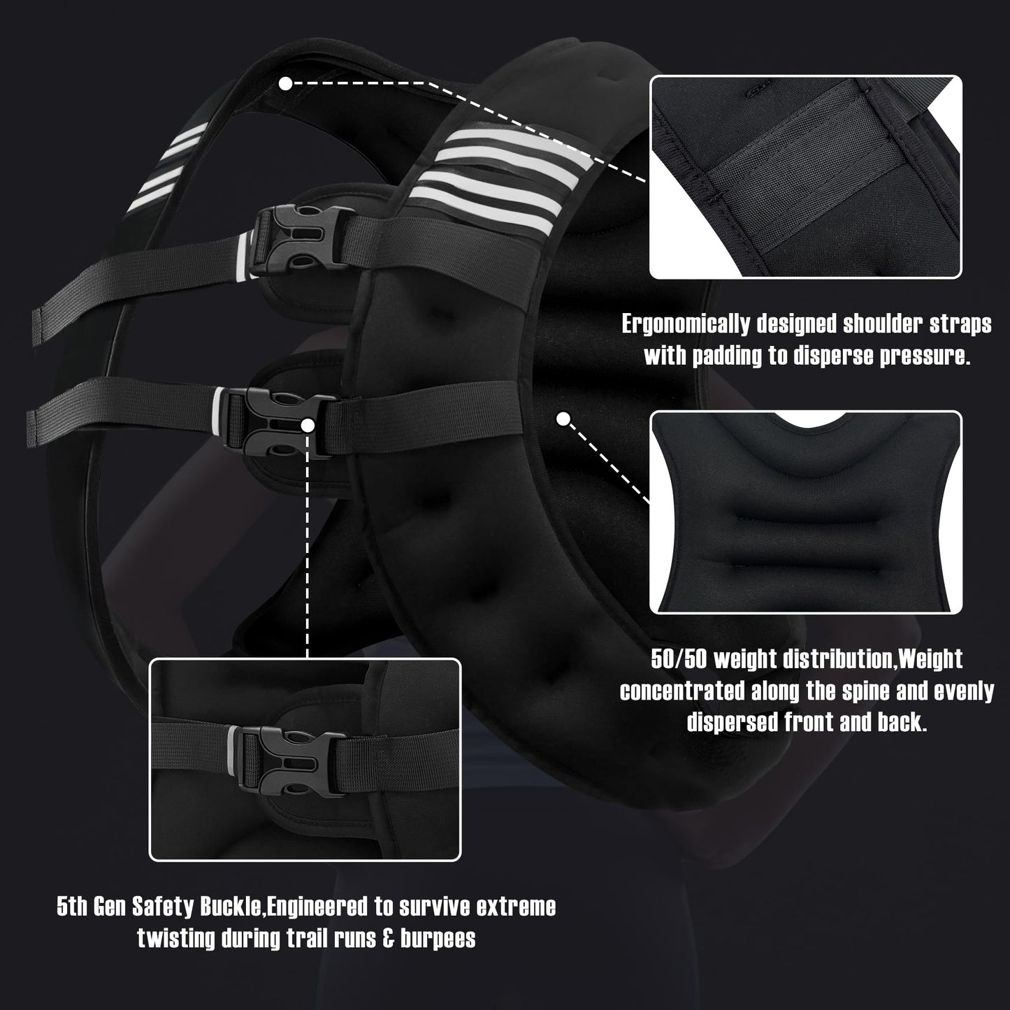 NATURELUX Weighted Vest with Reflective Stripe and Adjustable Buckle Straps, Black, 20 lbs