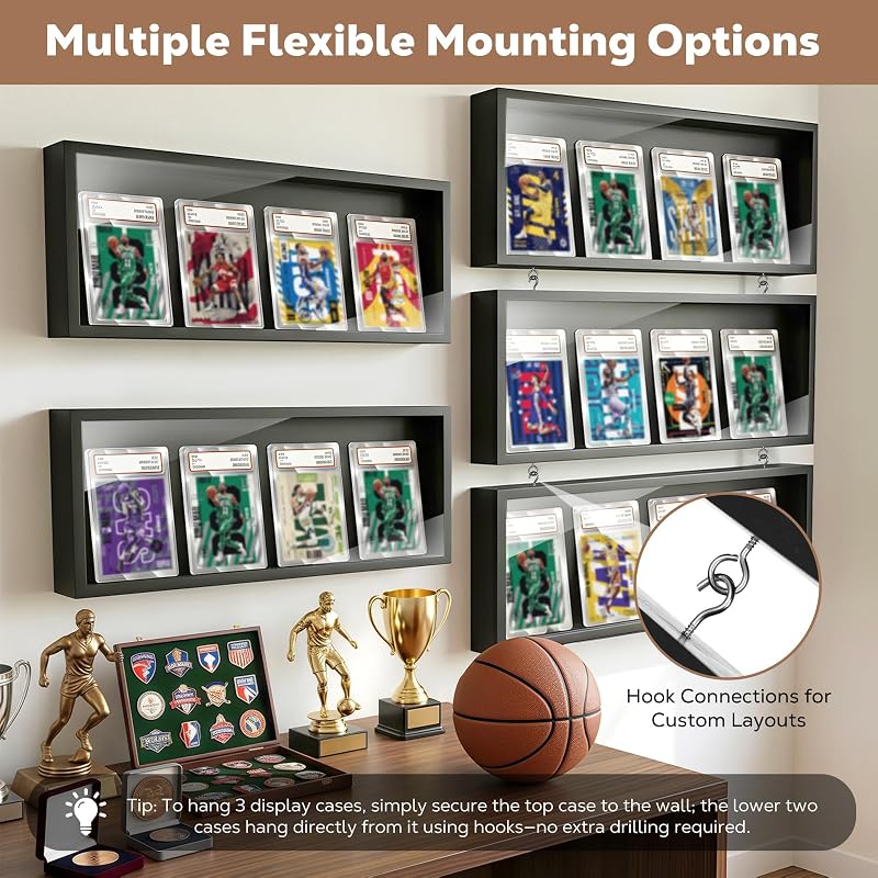 MoKo Card Display Case 3-Pack Wall Mount for 12 Graded Cards — Black