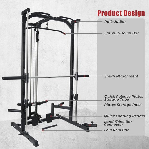 RitFit Smith Machine Power Rack with LAT-Pull Down System, Landmine, Barbell Bar, Plate Storage Pegs and More Training Attachment (Smith Machine 1.0), Black