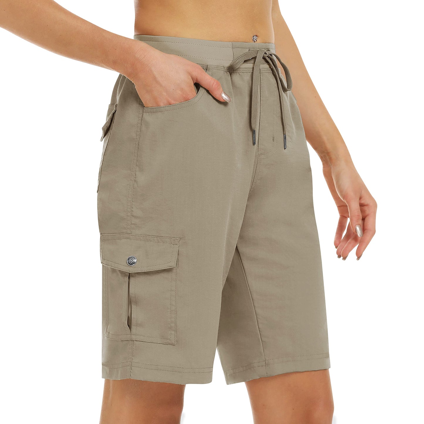 MoFiz Women's Hiking Long Shorts 10" Quick Dry Cargo Shorts for Women Lightweight Knee Length Athletic Shorts with Pockets Khaki M
