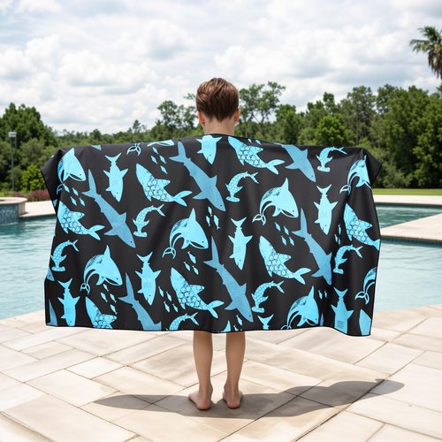 MelonBoat Large Microfiber Beach Towel: Large Bright Cyan Shark Beach Towel for Travel, Super Absorbent Quick Dry Sand Free, Lightweight Compact for Kids Trip Vacation Bath Camping Pool Swim, 1 Pack