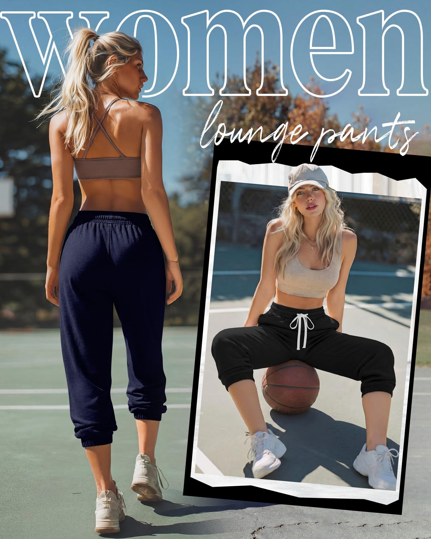 Ficerd 3 Pcs Women's Capri Sweatpants Joggers Casual Sports Cropped Lounge Pants High Waisted Athletic with Pockets (Black, Purple Red, Navy Blue,XLarge)