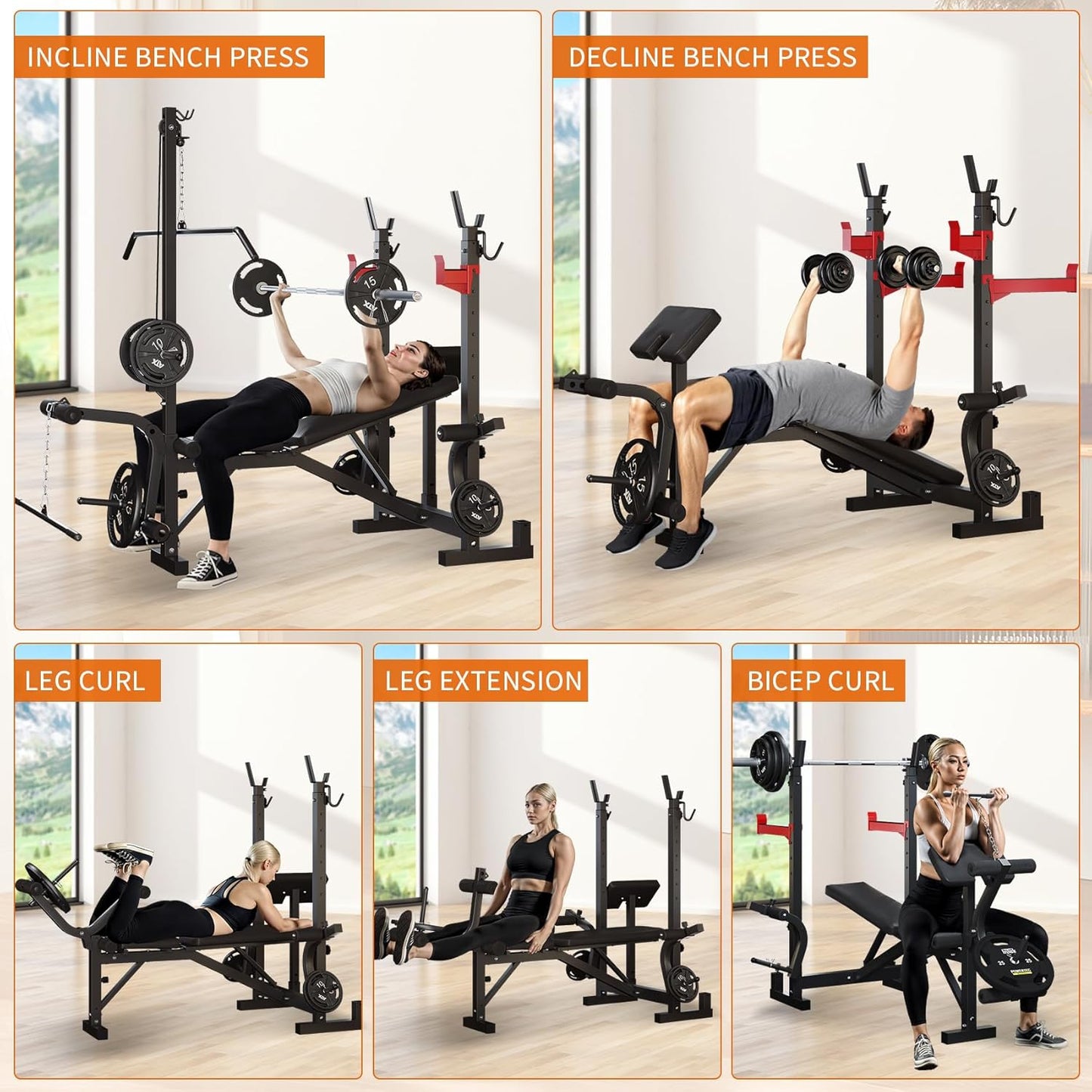 10-in-1 Adjustable Weight Bench Set, 1000 LBS Heavy Duty Multi-Function Bench Press Set with LAT Pulldown System and Squat Rack, Full-Body Strength Training Equipment for Home Gym