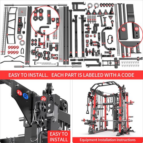 Power Cage Smith Machine Power Rack Multifunctional Deep Squat Rack Cable Crossover System Selectable More Training Attachment for Garage & Home Gym (RED, B Set L07 Smith Machine+Weight Bench)