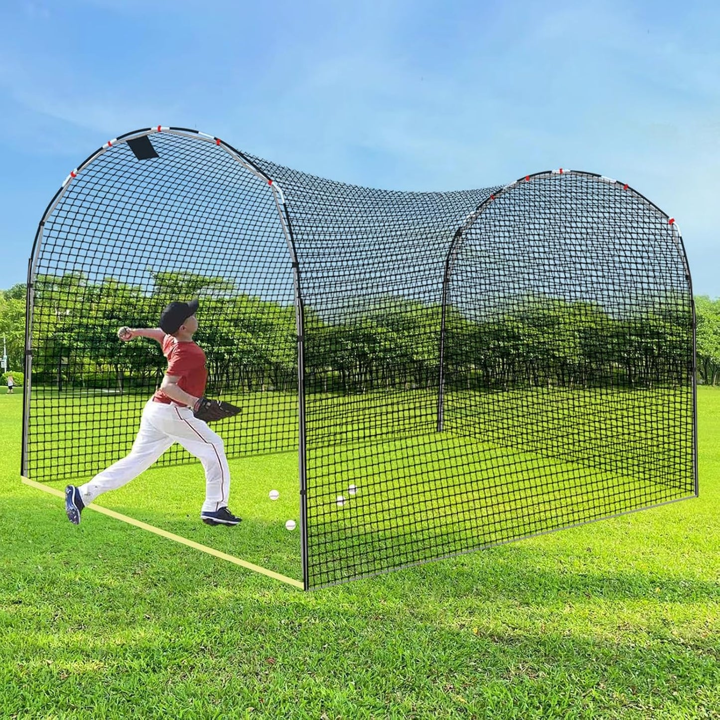13×10×8FT Baseball Softball Batting Cage, Black Portable Batting Cages for Backyard Outdoor Pitching Practice Net，Baseball Batting Practice Net, Indoor Training Cage with Ground Frame
