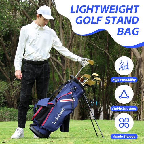 Lakehood Golf Stand Bag, 14 Way Golf Bag with Dual Strap, Lightweight&Durable Design, Rain Hood, Ergonomic Comfort - Ideal for Golfers of All Levels, Perfect for Practice or Tournament Play (Blue)