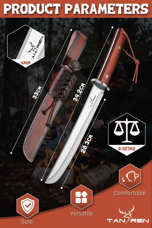 TAN REN Outdoor Knife Fixed Blade, Hunting Knife with Sheath, 8 Inch Survival Knives with Wooden Handle for Camping, Outdoor, Bushcraft Knives for Men