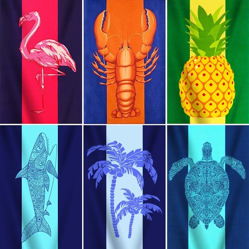 6 Packs Oversized Terry Beach Towel Set 36 x 72 Soft Thin Extra Large Big Pool Swim Camping Bulk Towels Blanket Clearance XL Travel Adult Essentials Accessories Must Haves Vacation Flamingo Lobster