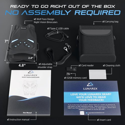 LUNAREX 4k Night Vision Goggles for Adults - Digital Night Vision Binoculars with 8X Digital Zoom, 32GB Card, 3" LCD - Wolf Design Rechargeable Infrared Goggles Can Save Photo Video for Camping Hiking