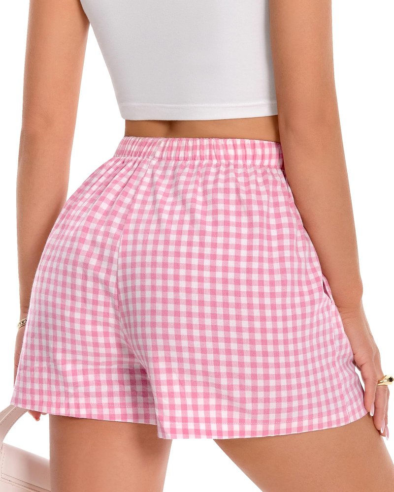 Boxer Shorts for Women Summer Gingham Pajama Casual Plaid Shorts Y2K Beach Bottoms with Pocket(Pink, M)
