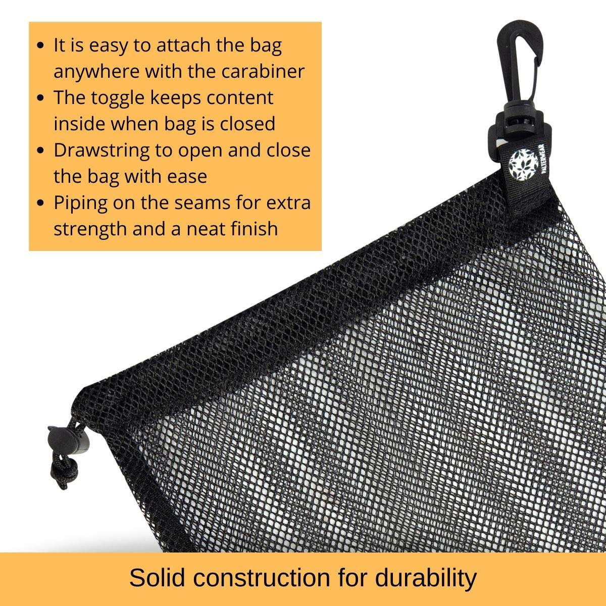 PALTERWEAR Mesh Bag with Clip and Toggle Closure (Set of 4, Black, 9 x 12 Inch) for Scuba, Scalloping, Camping, Multi-Use