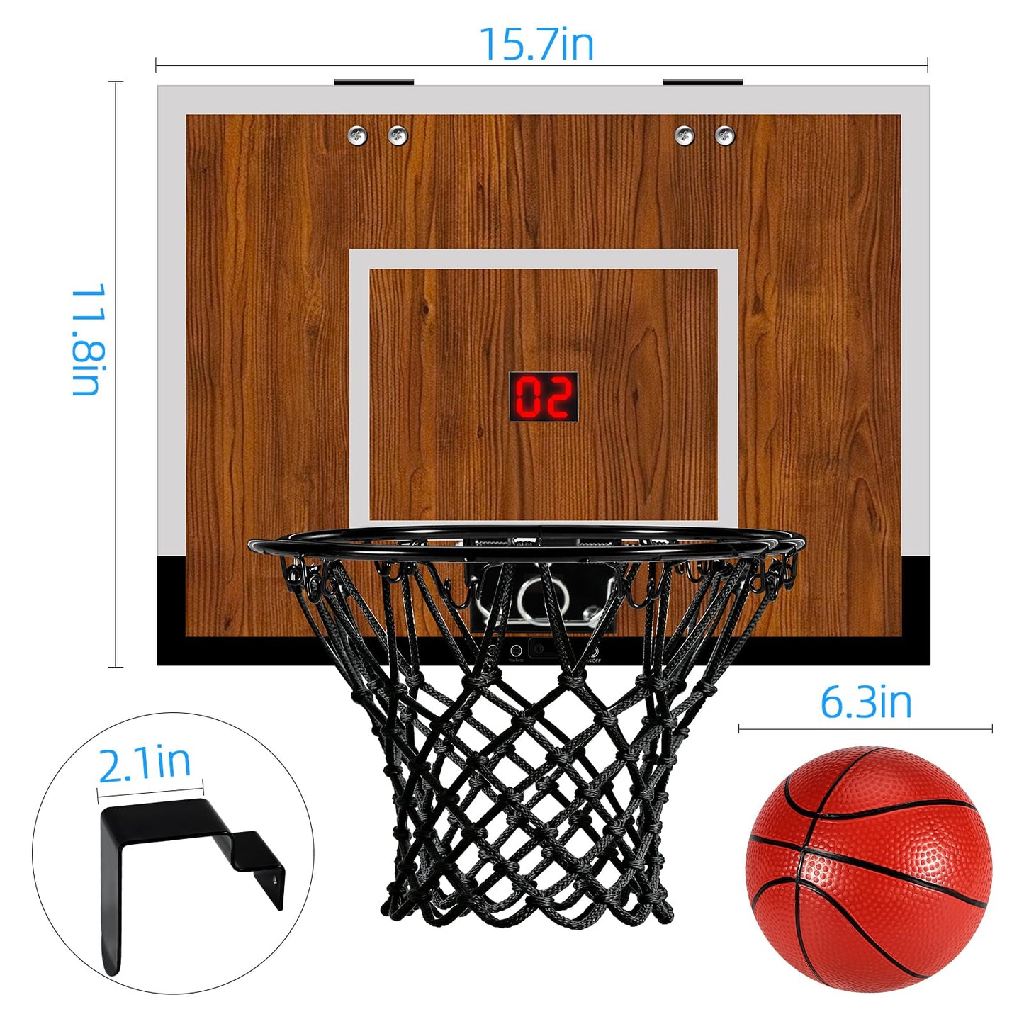 Laapee Indoor Mini Basketball Hoop Set, Over The Door/Wall Mounted with 16"x12"x3" Solid Wood Backboard, Digital Scoreboard, Anti-Shock Door Protection, Includes 3 Mini Basketballs & Air Pump