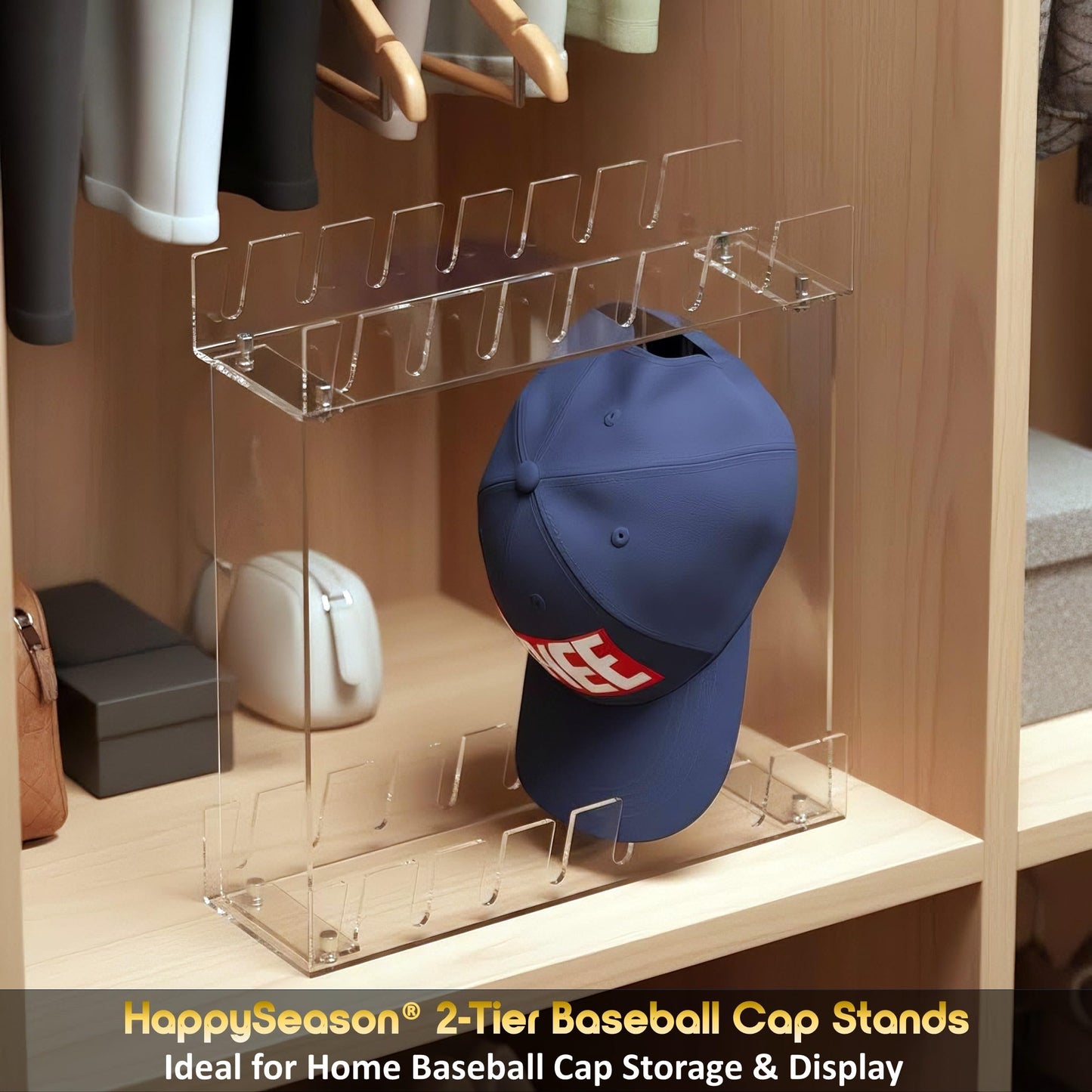 Happyseason 2 Pack 2-Tier Hat Organizer for Baseball Caps, Acrylic Baseball Cap Display Stand, Hat Rack Two Levels, Hat Organizer Shelf for Closet, Hat Holder Holds 28 Caps