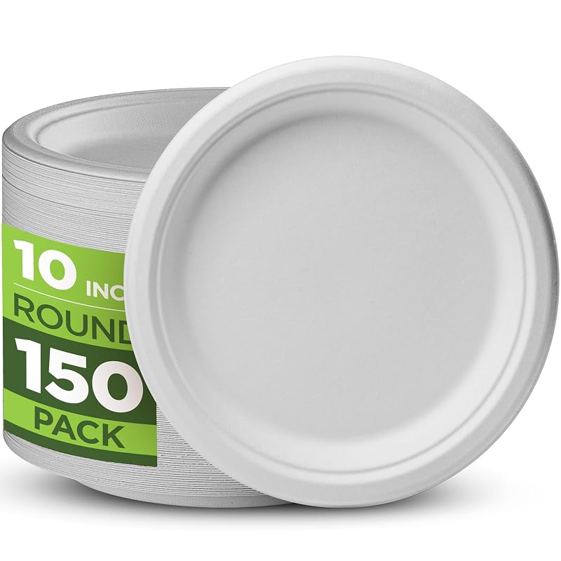 100% Compostable 150 Count 10-Inch Heavy Duty Paper Plates — White, Bagasse, Microwave Safe