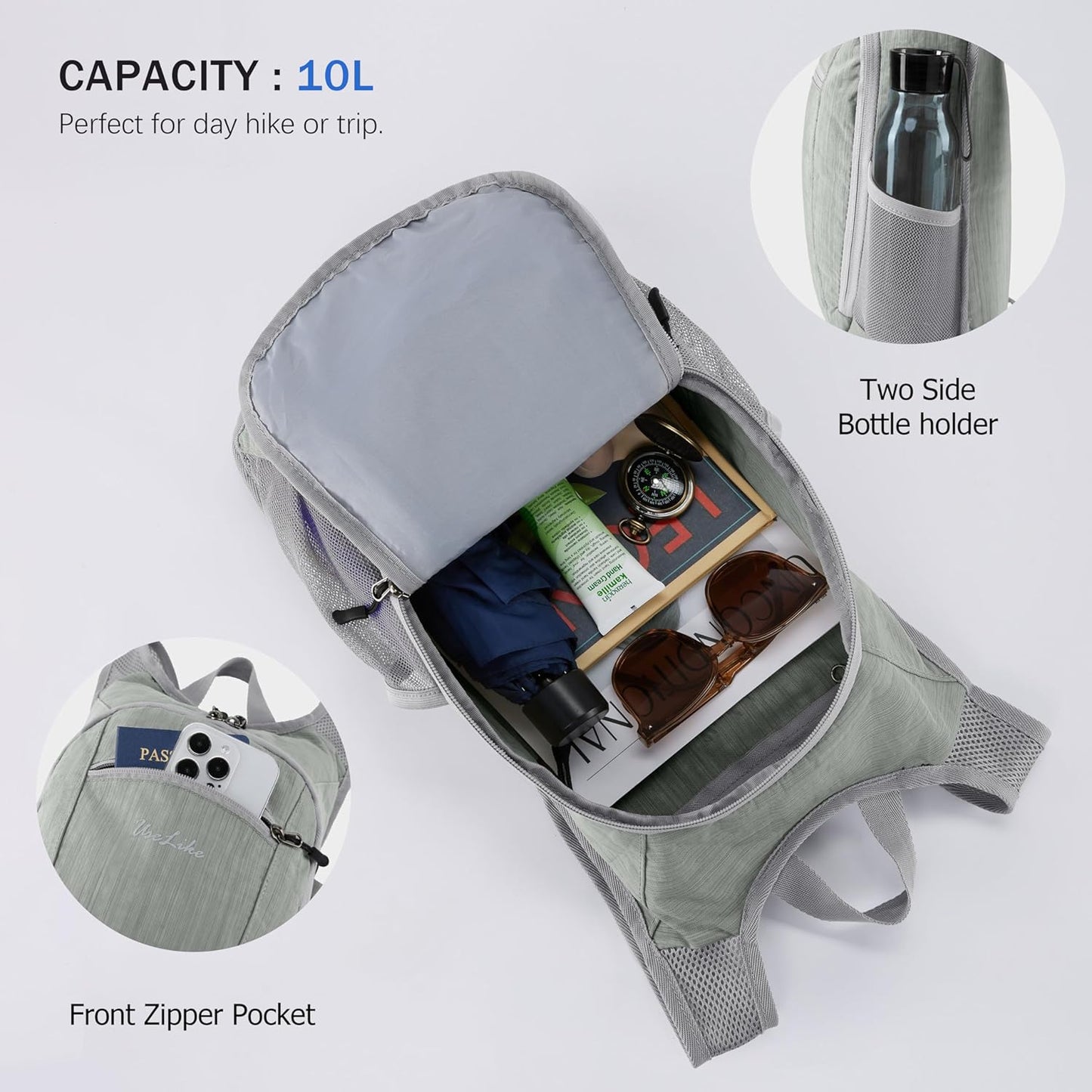 10L Small Hiking Backpack Travel Daypack Lightweight Packable Back Pack for Women Men(Black)