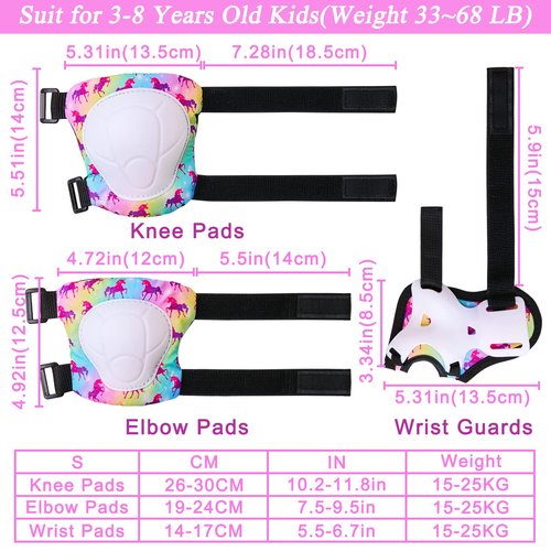 Bienbee Knee Pads for Kids, 7pcs Unicorn Kids Knee Pads and Elbow Pads Set Wrist Guards for Girls Boys Protective Gear Set with Bag for Roller Skating Inline Skates Skateboard Cycling Rainbow S