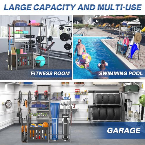 organizelink Garage Sports Equipment Organizer, Strong Load Bearing Golf Bag Organizer, Multi Use Golf Ball Rack Basketball Rack For Sports Gear and Outdoor Toy Ball Storage