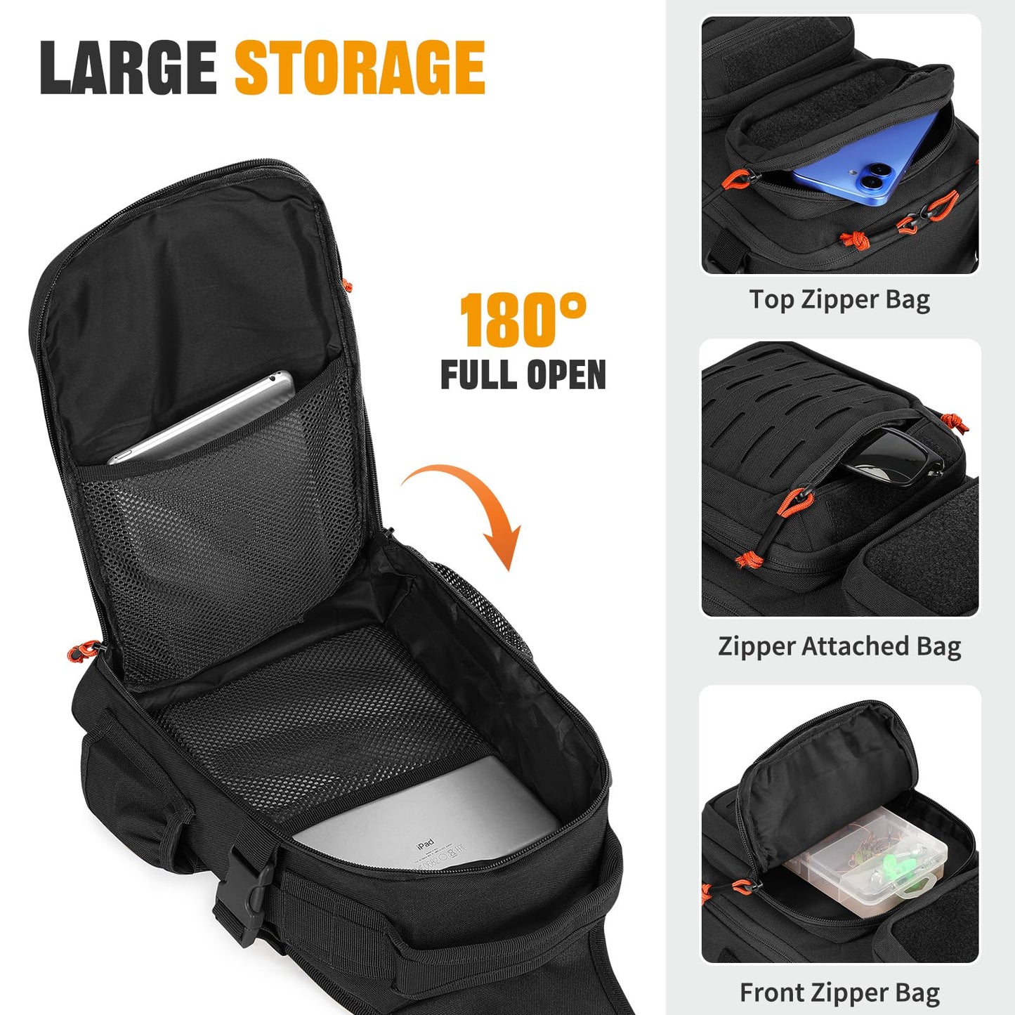 HUNTVP Fishing Sling Bag Lightweight Tackle Bag Small Fishing Backpack Tactical Shoulder Sling Bags with Rod Holder, Storge Gear and Equipment, Gifts for Men (Black)