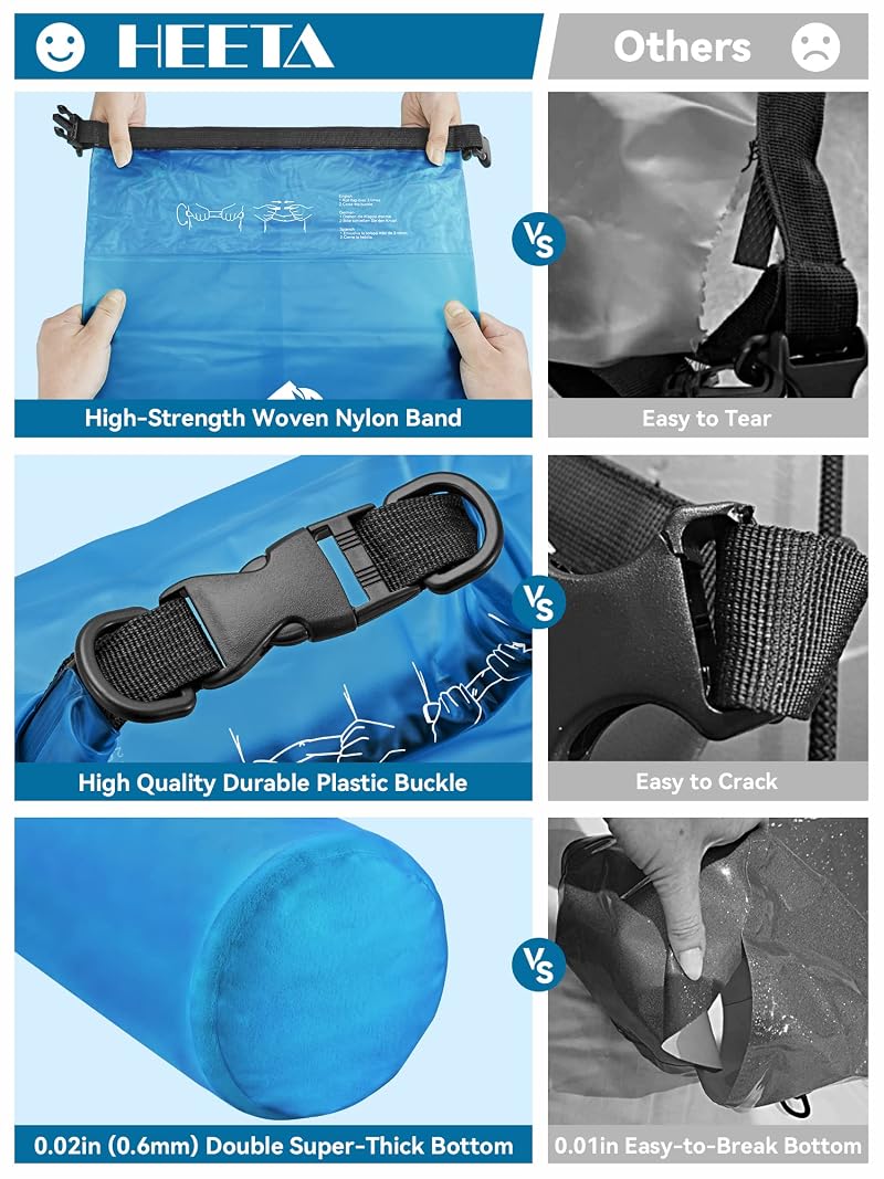 HEETA Dry Bag Waterproof Backpack 5L-40L with Blue 20L - Touchscreen Phone Case Included