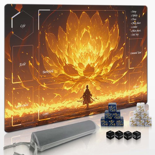 Zacknoble Premium for Magic The Gathering playmat - 24x14 TCG playmat with Storage Bag & 16-Piece dice Set, Perfect MTG mat for Card Games (Fire Lotus)